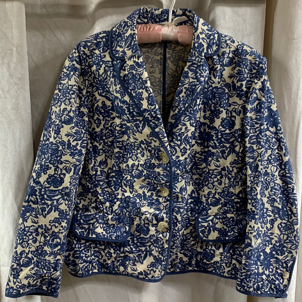 Eddie Bauer women’s sz 10 blue white cream cotton linen blazer jacket Like New